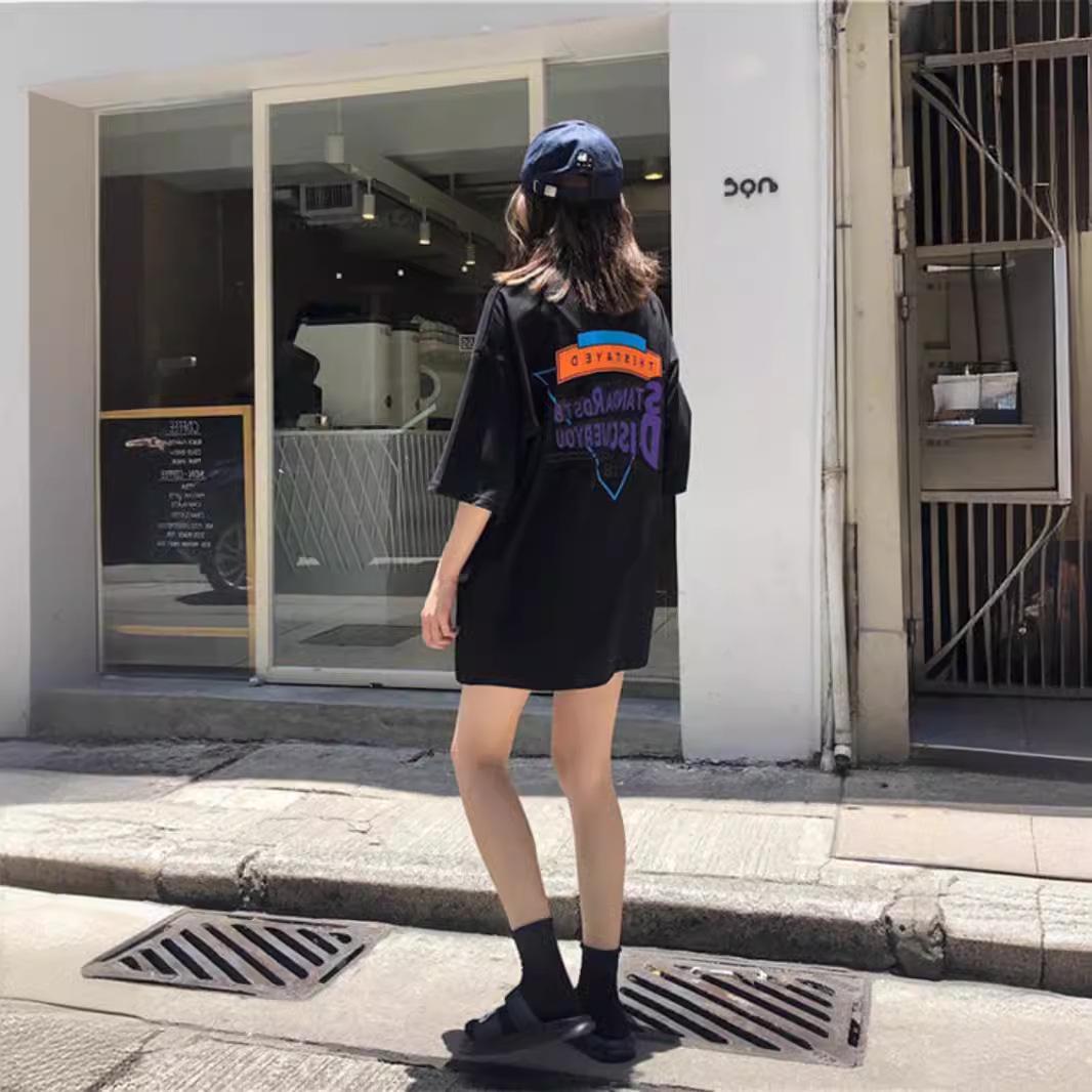 

2024 Лето Плюс Размер Женское Платье Футболка Свободного Покроя С Коротким Рукавом XL [Recommended 115-130 lbs] чёрный