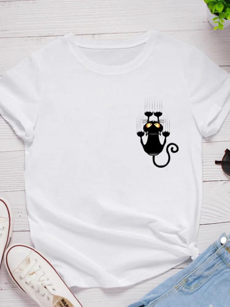 Pocket Black Cat Print T Shirt Women Short Sleeve O Neck Loose Tshirt Summer Women Causal Tee Shirt Tops Camisetas Mujer