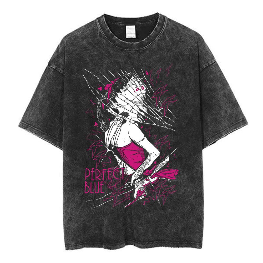 Vintage Washed Anime Perfect Blue A Satoshi Kon Film Mima Kirigoe TShirts Mens Women Fashion Oversized Short Sleeve T Shirts