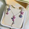 Neuer Vintage 100% reiner 925er Sterlingsilber Pave AAA Zirkonia farbiger Blumenanhänger Halsketten Ohrringe für Damen Feine Schmucksets