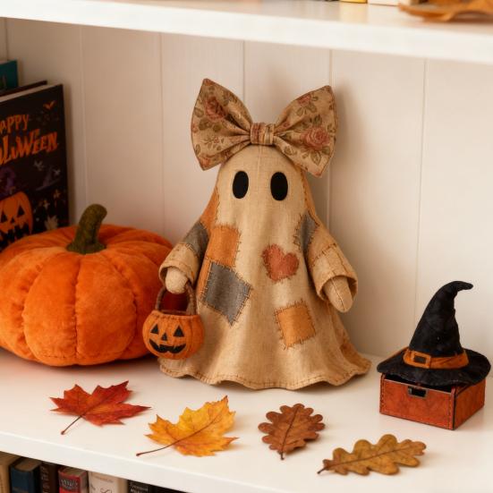 Patchwork Ghost Halloween Decor Handmade Ghost with Pumpkin Bucket And Floral Bow Vintage Tabletop Ornament for Shelf Home Decoration