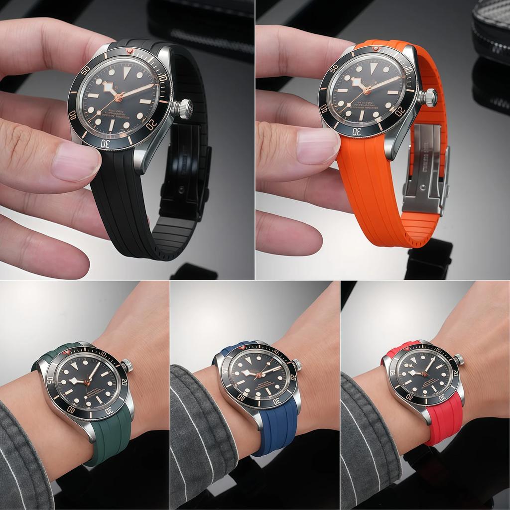 20mm High Quality Curved Fluororubber Strap For Tudor Biwan 39 Dial Black Bay 1958 M79030 Fluororubber Fold Over Clasp Strap