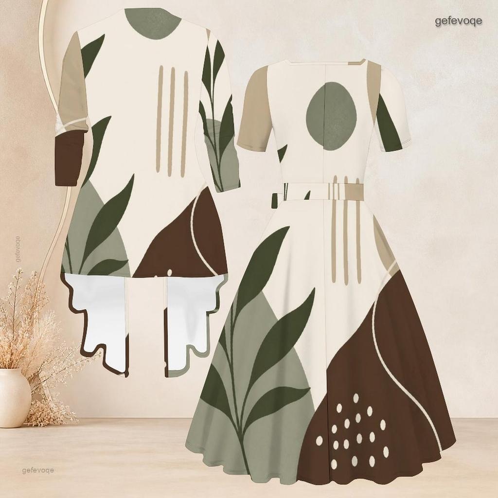 Women Plus Size Abstract Printed Two Piece Set Long Sleeve Cardigan Square Neck Short Sleeve Tie Waist Flared Dress
