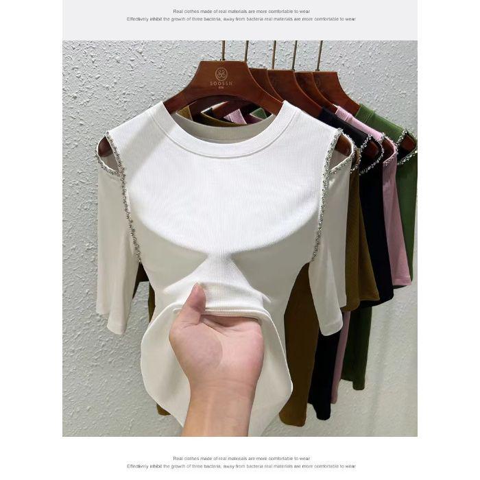 

Женская футболка из модала с открытыми плечами и рукавом средней длины, облегающего кроя - Новый дизайн XL (suggested for 105-115 jin)