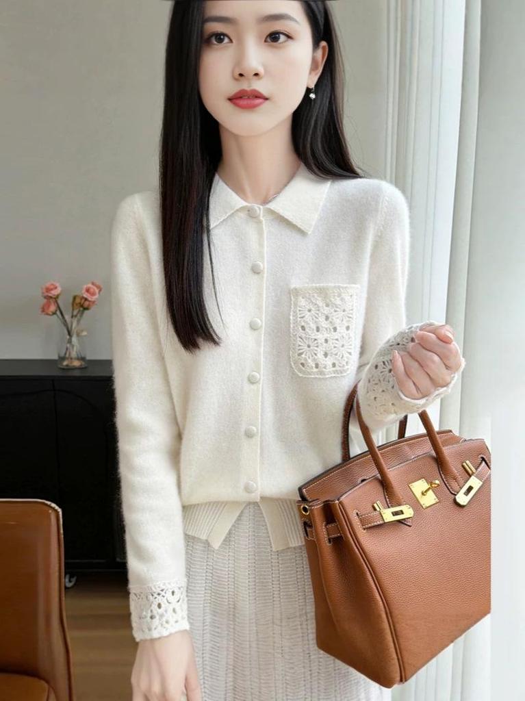 Elegant Wool Sweater: Women's Hollow-Stitch Long Sleeve Lapel Knitwear for Autumn and Winter