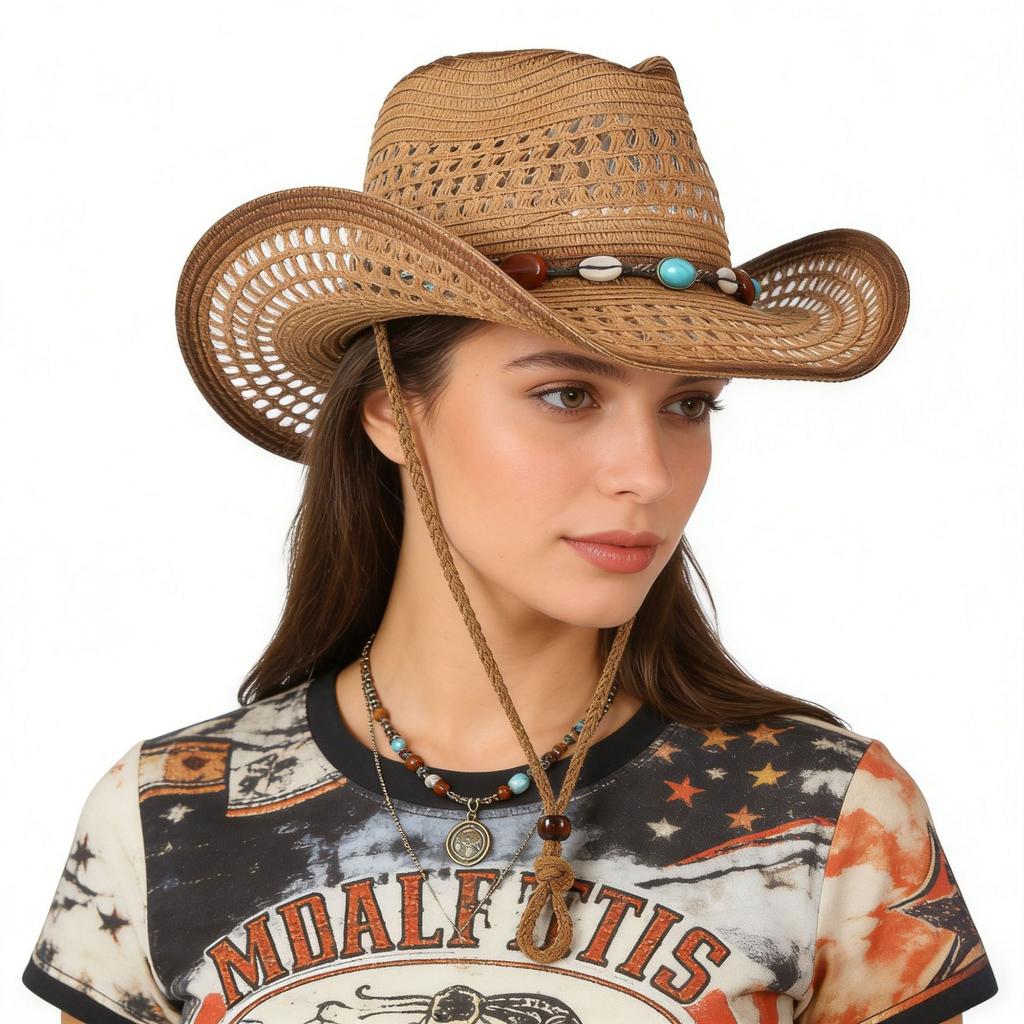 Western Cowboy Hat, Hollowed-out Straw Hat, Outdoor Seaside Vacation Ethnic Style, Versatile Turquoise Sun Protection Hat