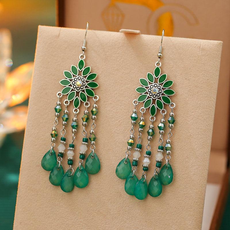 Bohemian Ethnic Style Earrings for Women Long Vintage Drop Glaze Rice Bead Water Drop Earrings Vacation Party Wedding Jewelry