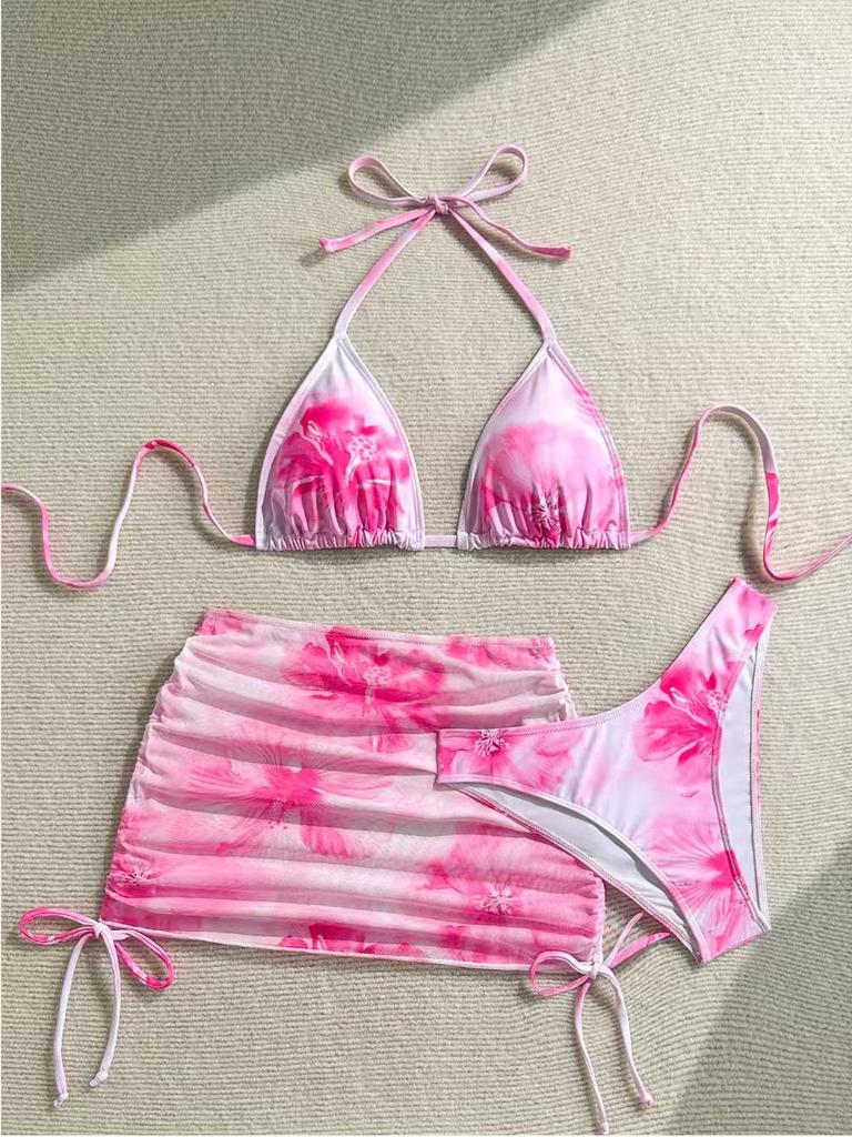 New printed split swimsuit three-piece women's blouse bikini sexy neck strap swimsuit