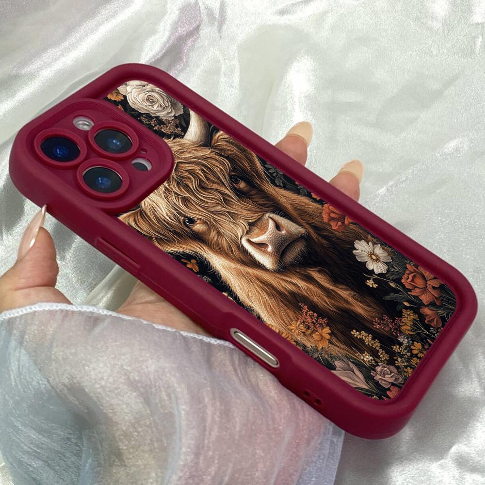 JT560 Vintage Highland Cow Flower Art for iPhone 17 16 15 14 13 Pro Max Samsung S26 S25 Ultra A17 A07 A56 A16 Xiaomi 15T Redmi 15c 14 Soft Case