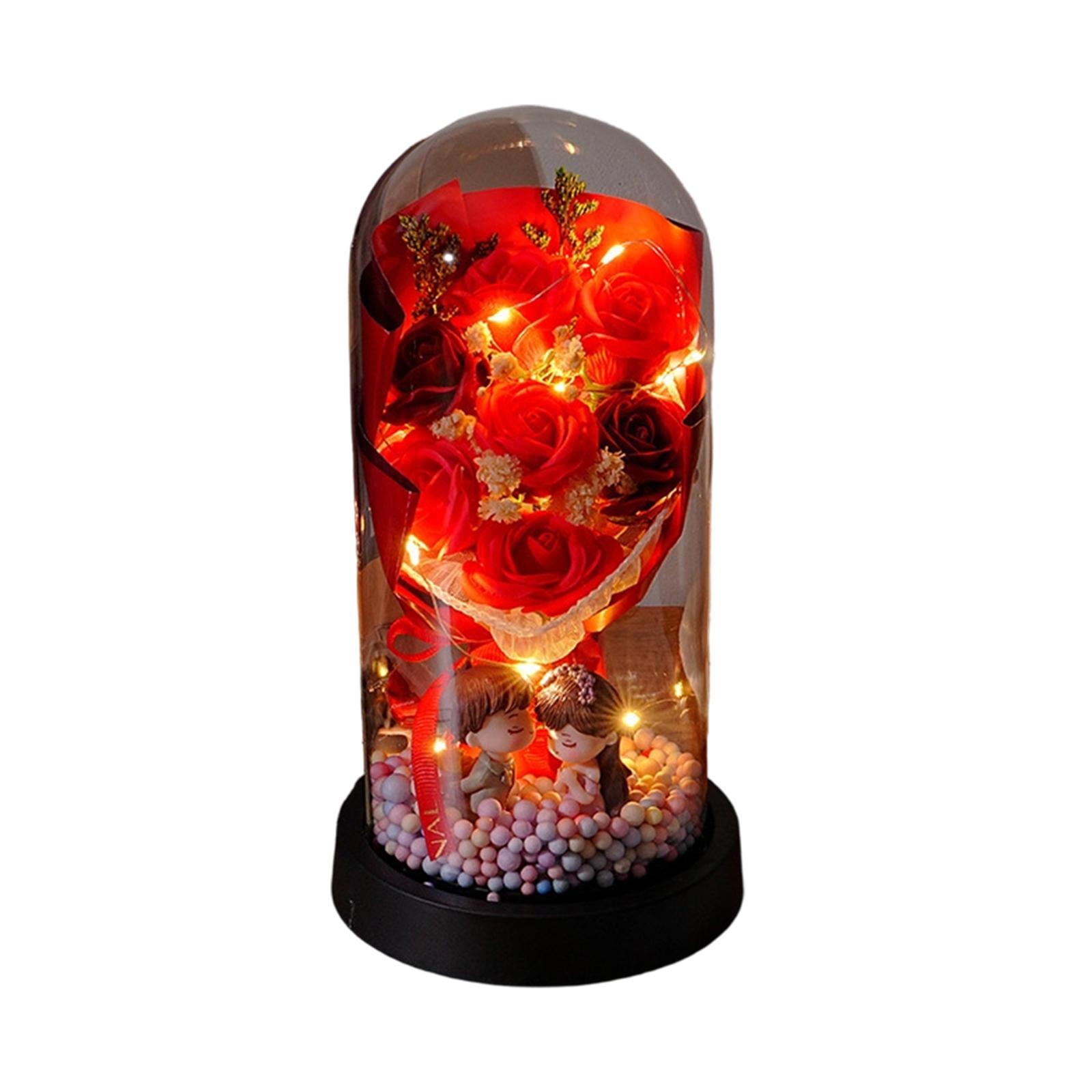 

Valentine s Day Everlasting Flowers 7 Roses Bouquet Dried Flowers All Over The Glass Cover Flower Lights Couple Dolls Decorations One Size червоний