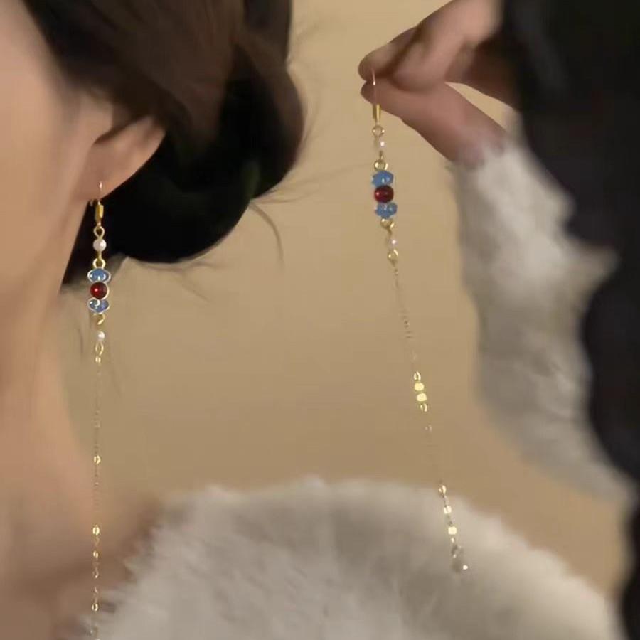 New Chinese Style National Style Auspicious Cloud Long Fringed Earrings Fashion High Sense Light Luxury Temperament Elegant Earrings Antique Earrings