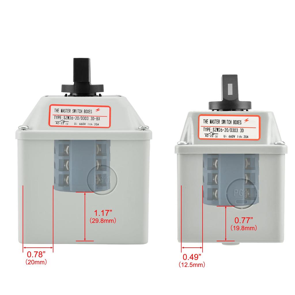 Heschen Universal Rotary Cam Selector Switch 660V with Master and Exterior Box SZW26-20/D303.3D, 20A, 3-Position, 3-Phase 12-Terminal, CE, Switch,