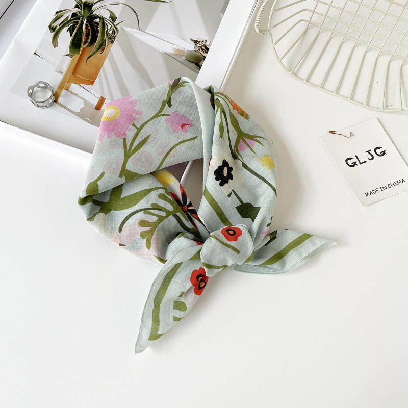 55 Cotton And Linen Headscarf Summer And Autumn Floral Silk Scarf Sweet Versatile Square Scarf Small Scarf Women'S Thin Decorative Silk Scarf
