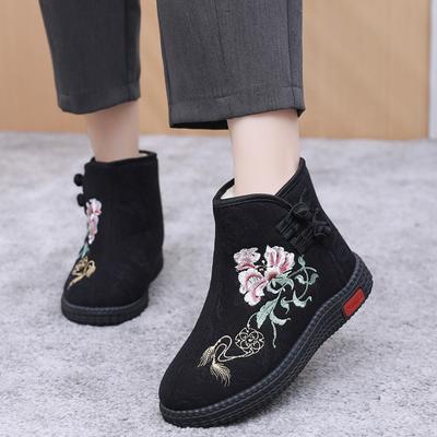 Dámské zimní etno-stylové teplé krátké boty s fleecovou podšívkou, boty pro maminky s elegantní výšivkou v čínském stylu
