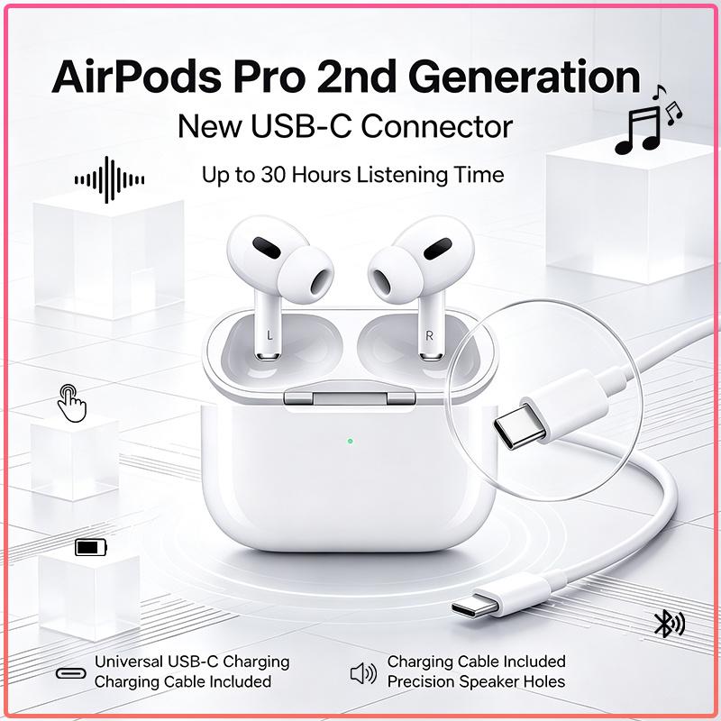 High-Fidelity-Sound AirPods Pro 2 Bluetooth-Ohrhörer USB-C Schnellladung 30H Gesamt Touch-Steuerung Präzise Akustiköffnungen Kompatibel mit allen Smartphones weiß