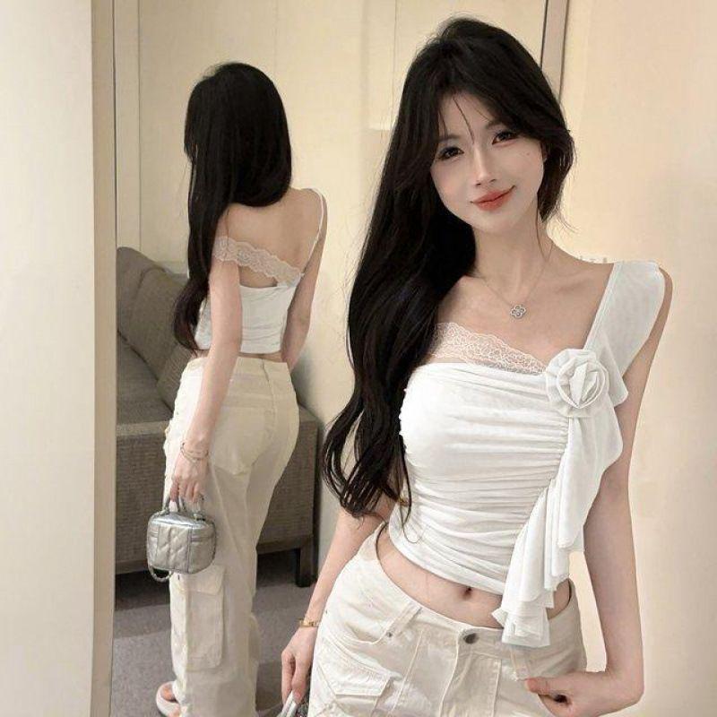 Off-Shoulder Lace Patchwork Vest: Flattering Slim-Fit Korean Style Top