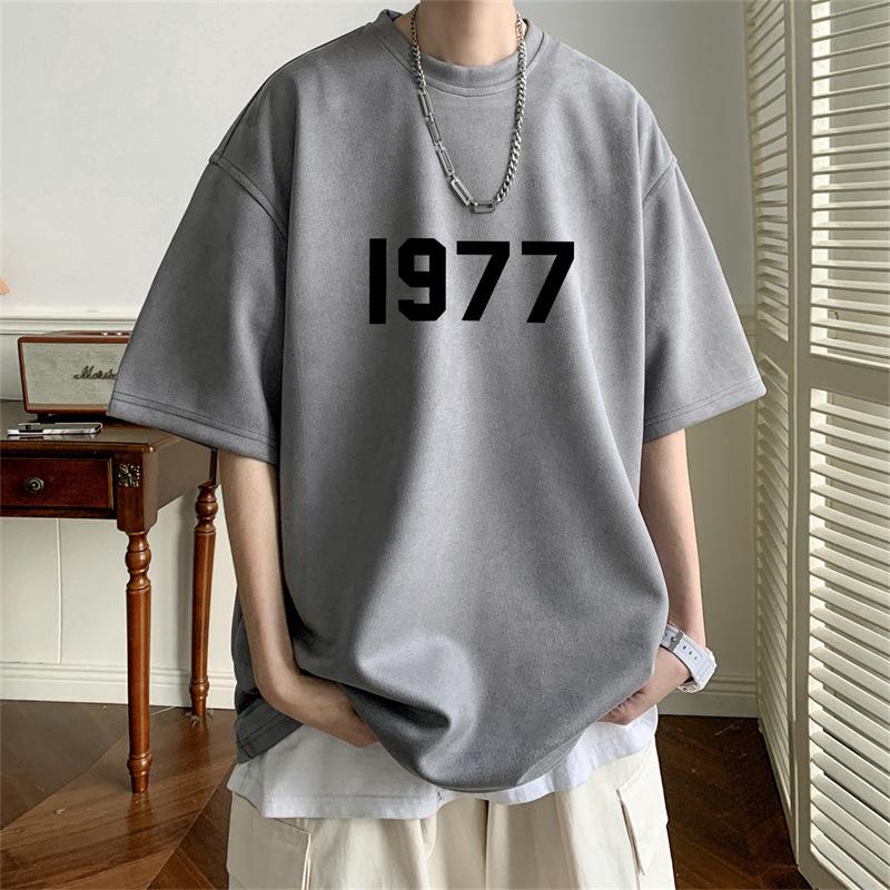 1977 Printed T-shirt Men's Summer Suede Short Sleeve Casual High Street Vintage Oversized T-shirt