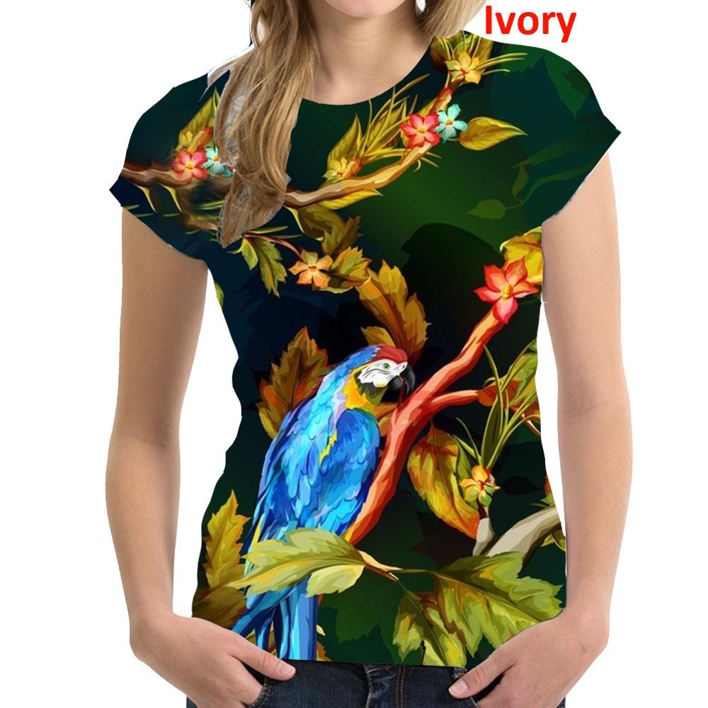 2024 Women's Fashion 3D Print Parrot Short Sleeve T Shirt Bird T-shirt Casual Flower Tee