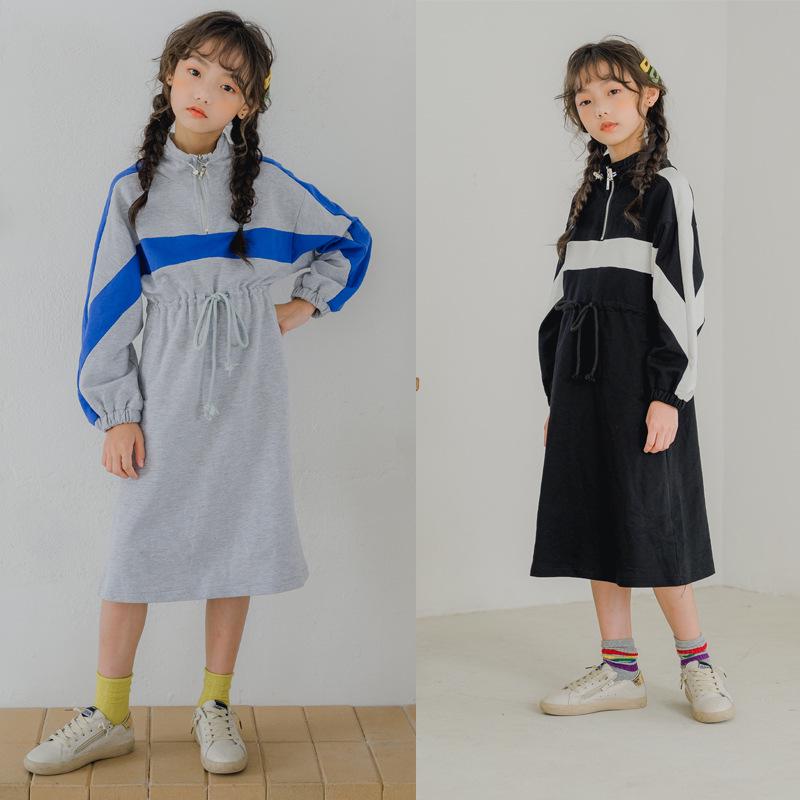 Spring/Autumn 2024 Girls' Casual Patchwork Stand Collar Long Sleeve Dress for Parent-Child