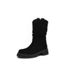 Krazing Pot Cow Suede Nubuck Winter Round Toe Western Boots Med Heels Pleated Decoration Women British School Mid-calf Boots