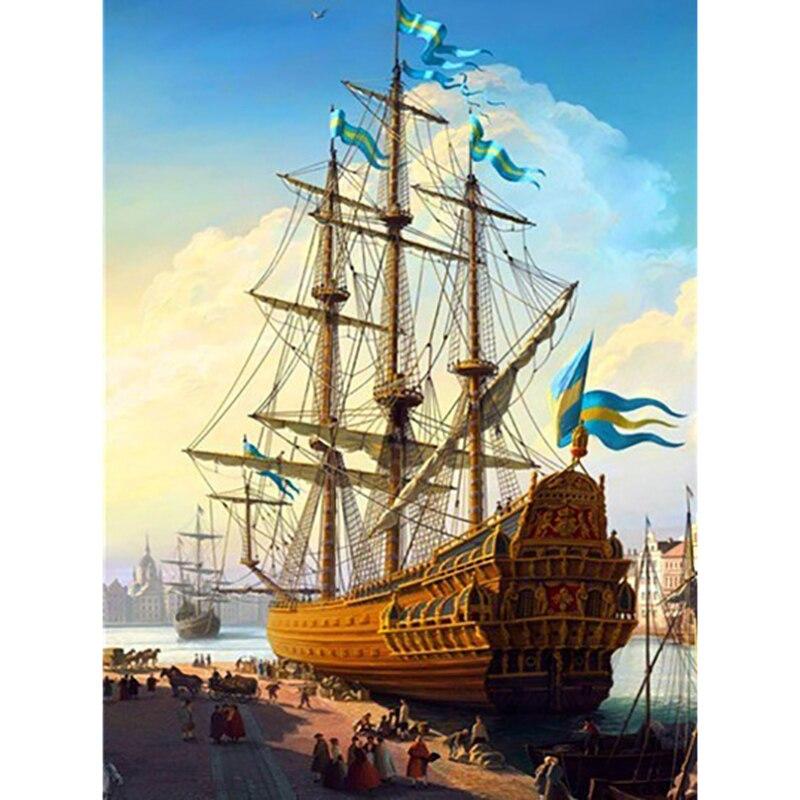 DIY 5D Diamond Painting Full Round Resin Sailboat Diamond Art Embroidery Sea View Cross Stitch Diamond Mosaic Home Decor