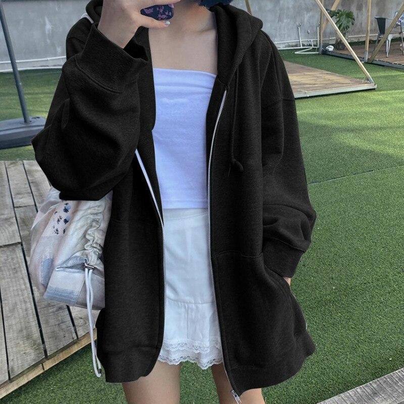 Women Hoodie Harajuku Korean Loose Oversized Sweatshirts Solid Color Long-sleeved Hooded Sweatshirt Student Girl Top