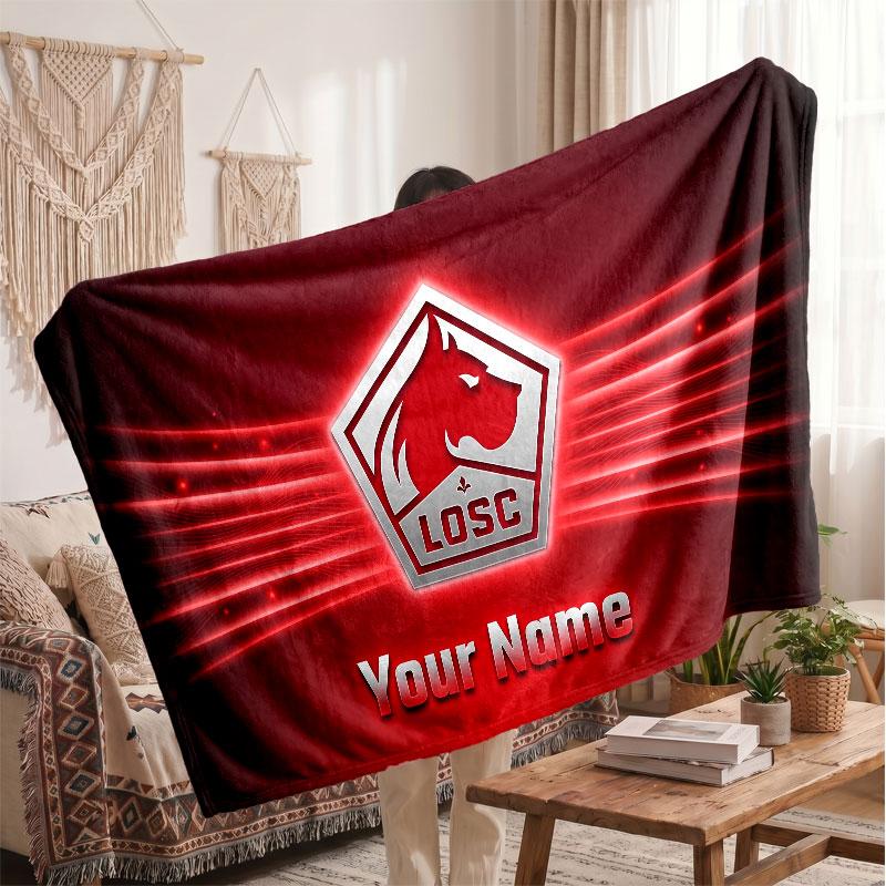 LOSC Lille FC Personalized Fleece Blanket With Football Logo, Custom Name Text Soft Warm Home Throw Blanket