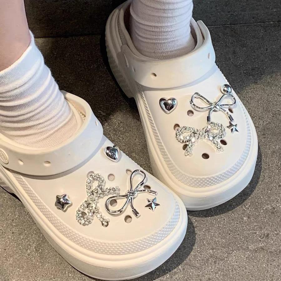 Silver Metal Clogs Decorations Summer 2026 New Design White Bowknot Women Shoes Charms Set DIY Flower Crystal Shoes Accessories