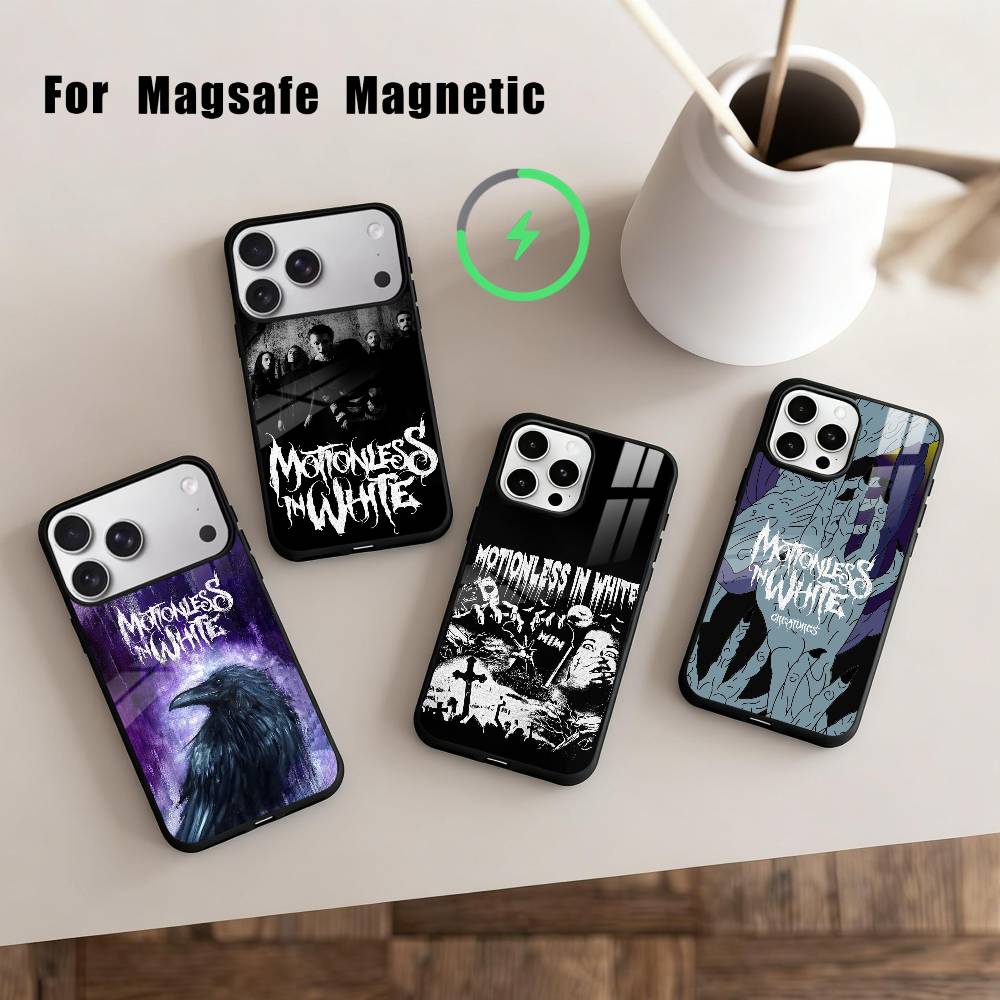Custodia per Telefono M-Motionless in W-White Band per iPhone 17,16,15,14,13,12,Plus,Pro,Max per Ricarica Wireless Magnetica Magsafe
