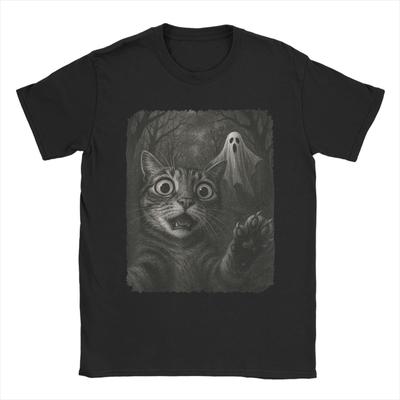Men T-Shirt Cat Selfie with Spooky Ghost Funny 100% Cotton Tee Short Sleeve Funny Halloween T Shirts Round Neck Clothes Graphic