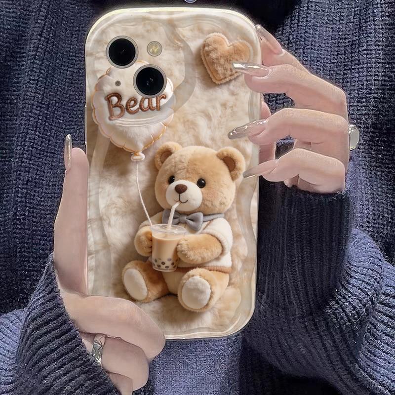 Cute Pearl Milk Tea Plush Bear Pattern Phone Case For Samsung Galaxy S26 Ultra S25 S24 S23 FE S22 S21 S20 Plus A16 A55 A54 Cover