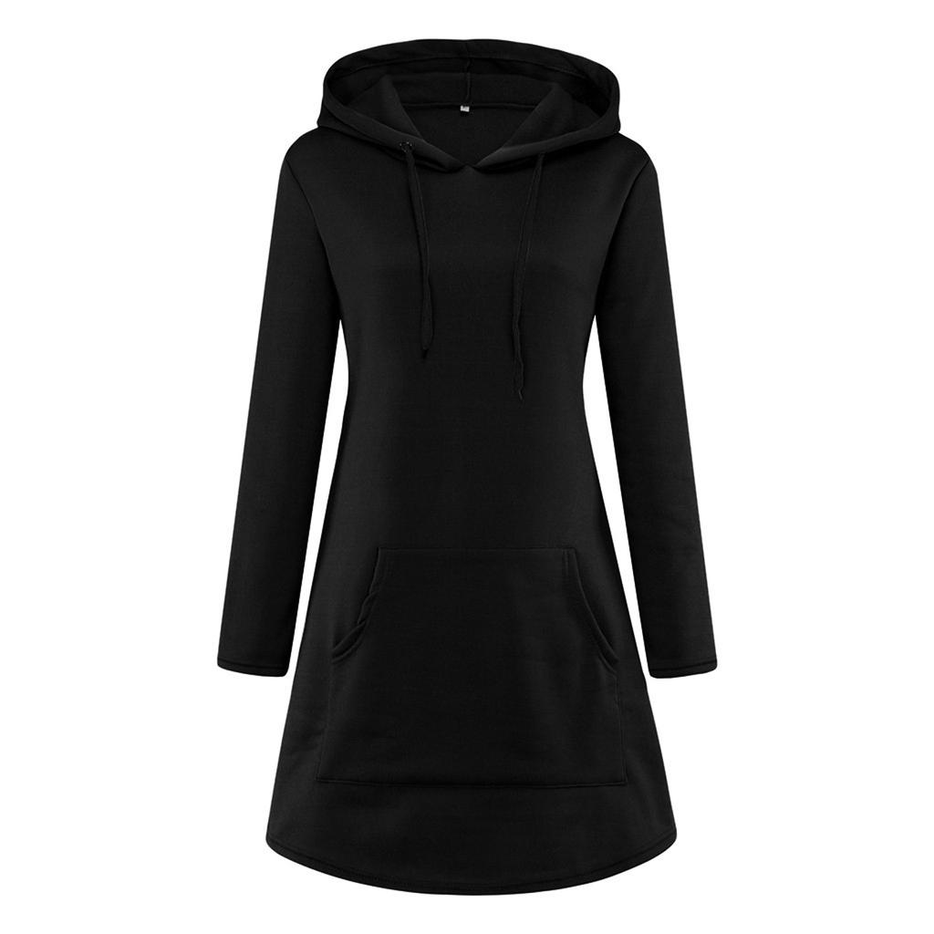 Women Long Length Loose Casual Solid Drawstring Hoodie Pullover With Big Pocket