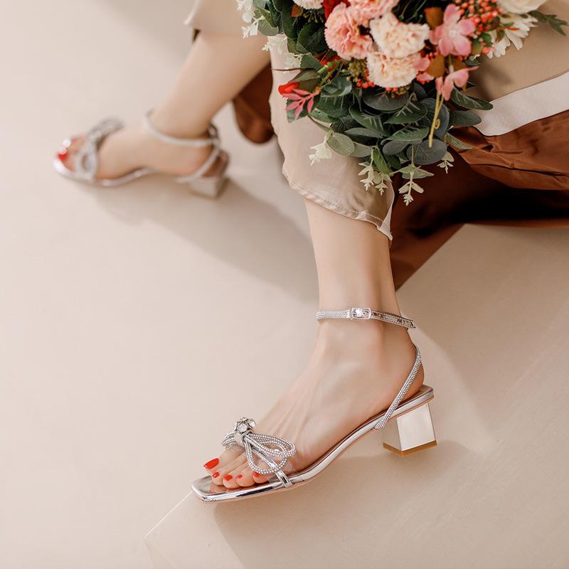Fashion 2025 Sandals Women'S Summer New Fairy Net Red Beaded Bow Crystal Chunky Heel Women'S Shoes