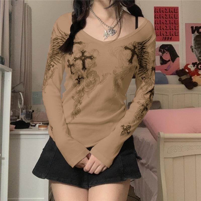 2KWEIRD 2000s Aesthetic T Shirt Graphic Cross Wings Print Long Sleeve Tops Y2k Women Clothes Fairycore Grunge Tee Streetwear