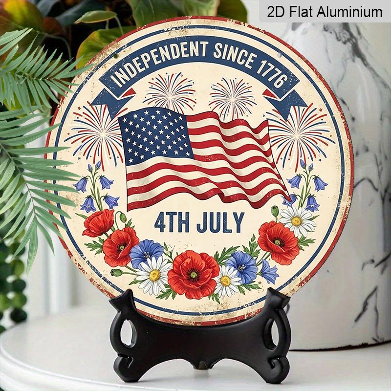 2D Flat, 1pc Classic 4Th July Independence Since 1776 Round Aluminum Metal Sign with American Flag Fireworks And Floral Wreath Wall Decor for