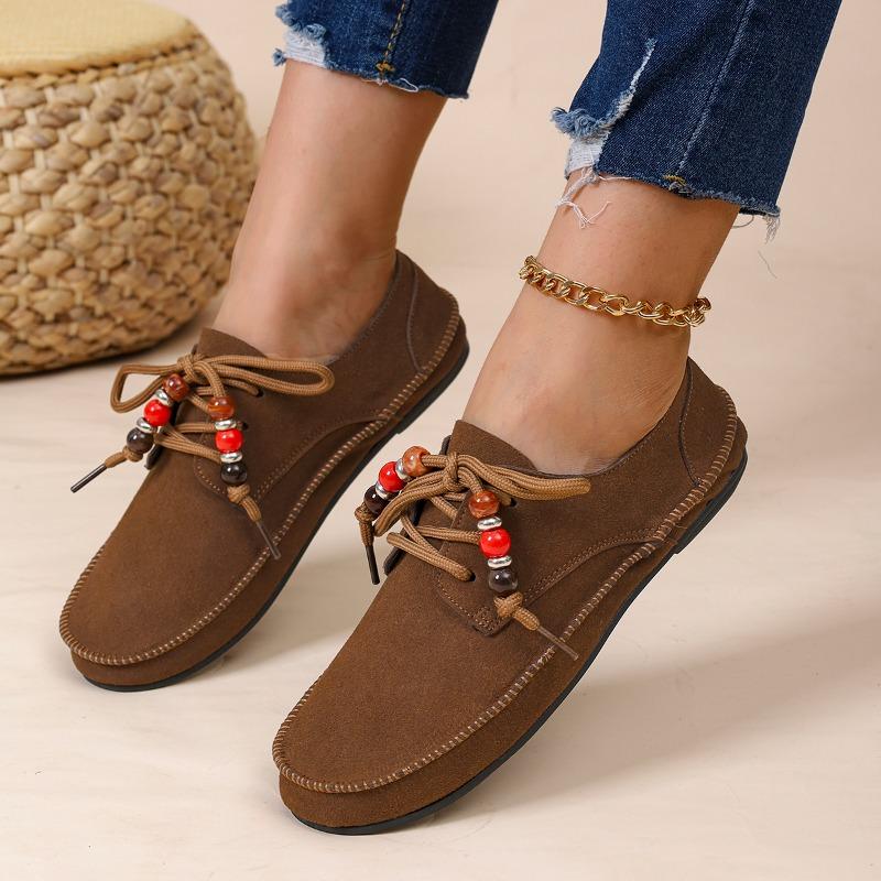 Fashion Women's Single Shoes Round Toe Suede Front Lace-Up Car Stitch Soft Sole Anti-Slip Wear-Resistant Low Heel Shoes