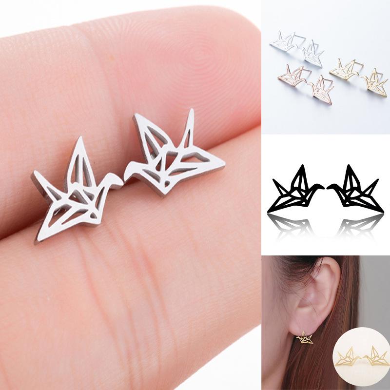 Geometrische Origami-Kranich Edelstahl Ohrstecker - Klein, Vielseitig, Chinesischer Stil Vogel Knorpel Schmuck