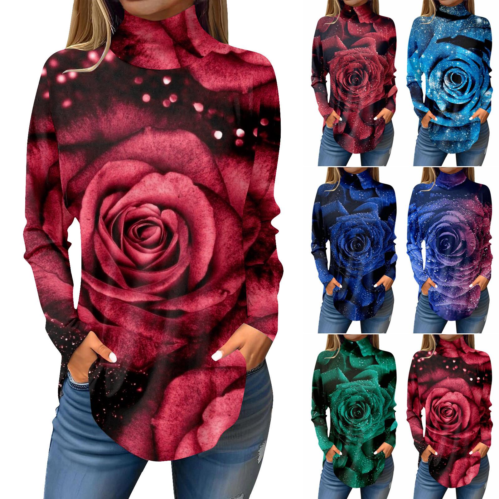 

Женская свободная футболка с длинными рукавами и длинными рукавами с высоким воротом и принтом ко Дню святого Валентина, верхний пуловер