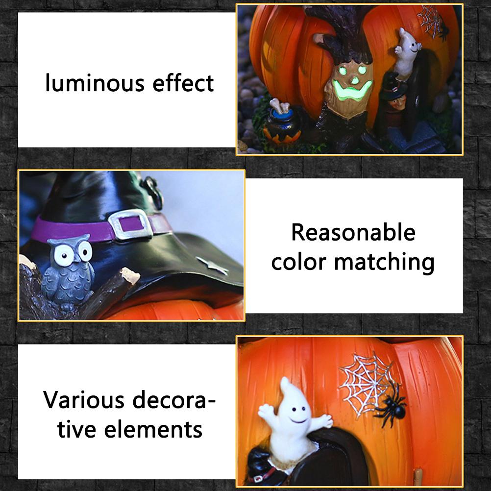 Halloween Witch Pumpkin House Figurine Luminous Resin Pumpkin Statue Crafts Desktop Ornament