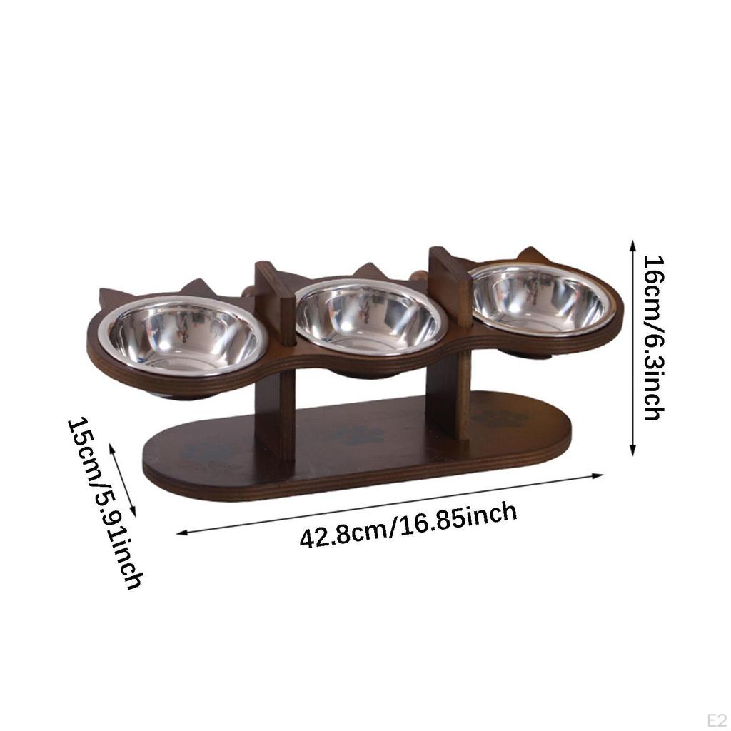 Elevated Pet Bowl with 3 Stainless Steel Bowls Wood Stand Cat Feeding Station Raised Dog Feeder