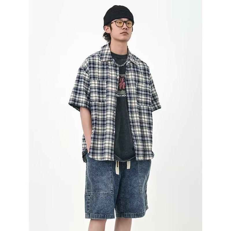 Retro Rutig Skjorta Herr Kortärmad Trendig Casual Mångsidig Skjorta Hong Kong Stil Vår Och Höst Hooligan Stil Stilren Tumsjacka