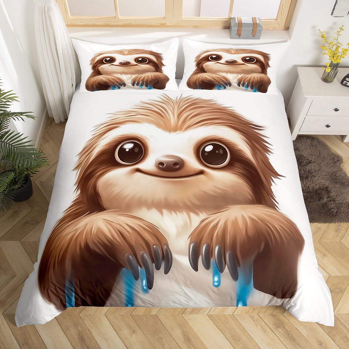 Schattige Luiaard Dekbedovertrek Set Twin King Cartoon Luiaard Print Dekbedhoes Voor Jongens Meisjes Mooie Wilde Dieren Beddengoed Set 2/3 Delig EU Single(135x200cm)
