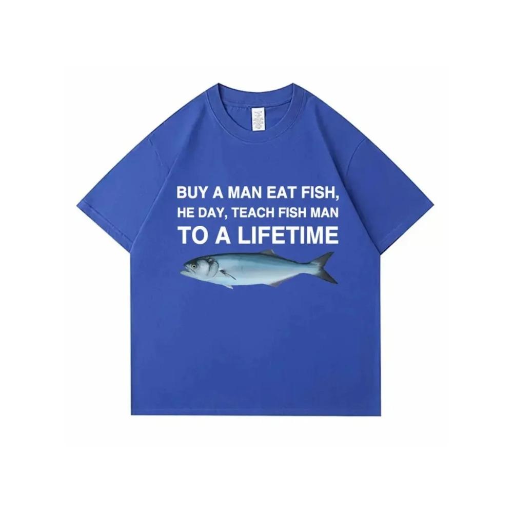 

Купить футболку с забавным мемом «Человек ест рыбу, он учит рыбу на всю жизнь», унисекс, повседневная хлопковая мужская футболка, летние футболки большого размера XXXXXL синий