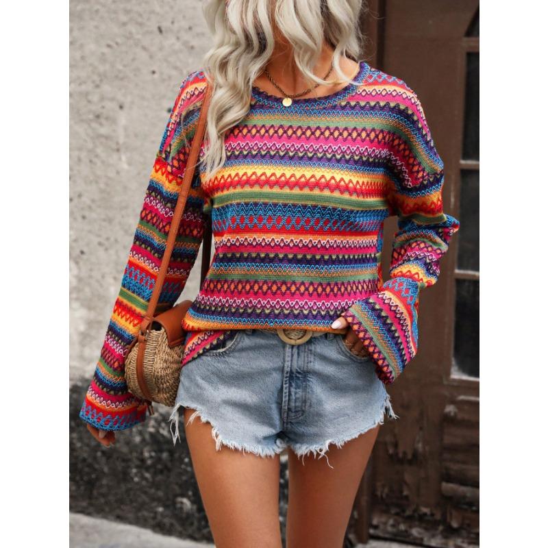 Damen S Locker Mode Langarm Strickoberteil Rundhalsausschnitt Geometrisches Muster
