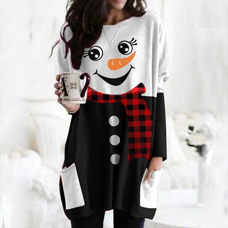 

Long Christmas Womens Tops Ladies Girls Splicing Snowman Print Mini Dress Black,3XL