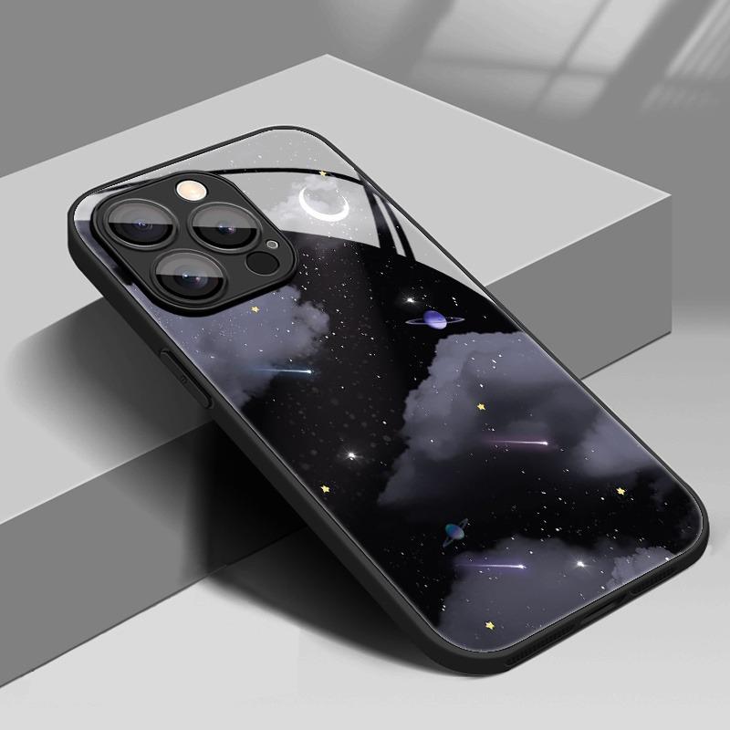 Black Starry Sky Pattern Glass Material Phone Case For iPhone 17 16 15 14 Pro Max 13 12 11 Pro 16E 7 8 Plus XR XS X Cover