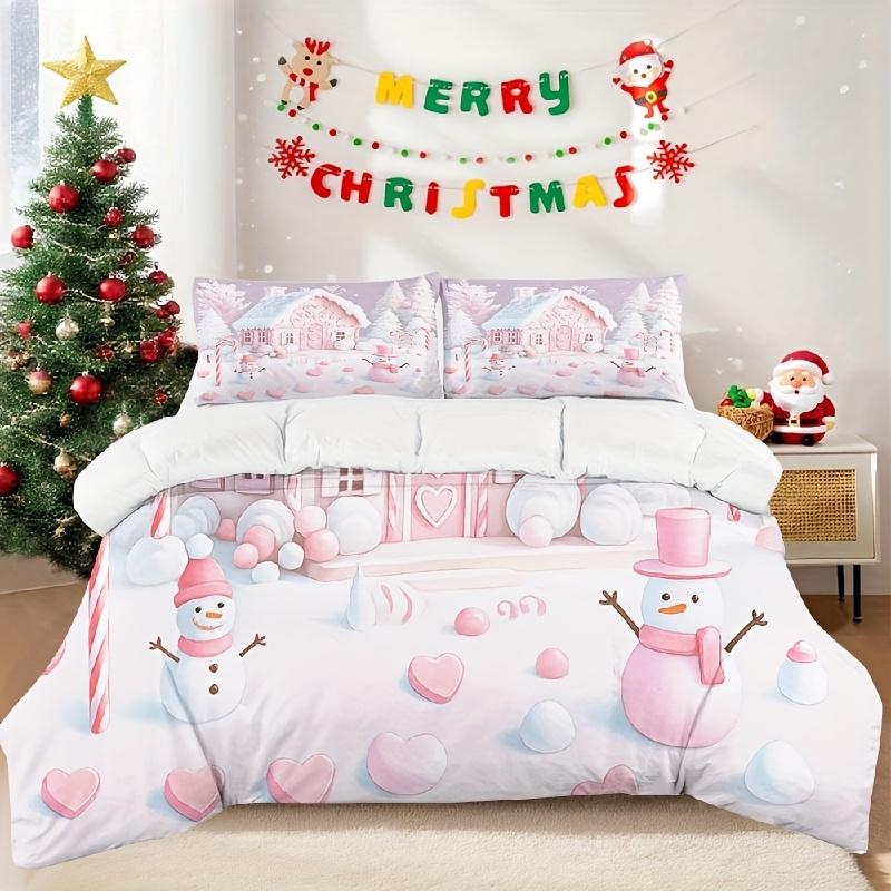 

3pcs Christmas print quilt set Gingerbread House Pink Snowman Winter Bedding Soft Cozy Bedclothes Sweet Bedroom Decoration Duvet Cover Set&EU Single(135x200cm)