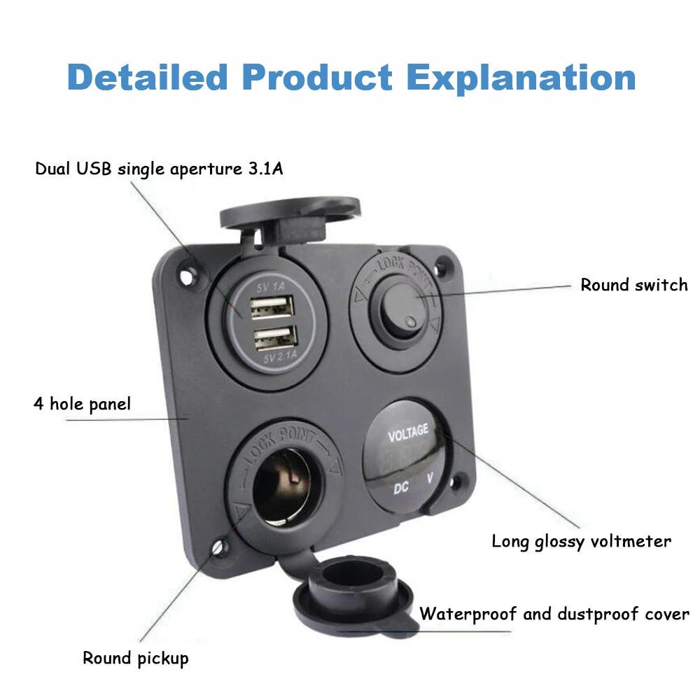 4 In 1 Switch Panel Waterproof Digital Voltmeter 12V Power Car Dual Usb Charger Socket Cigarette Lighter With Rocker Switch