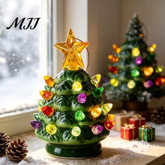 Pink And Green Holiday Accents Christmas Tree Ornament, Glowing Retro Resin Tabletop Decor with Star Small Night Lights Topper, Vintage Xmas
