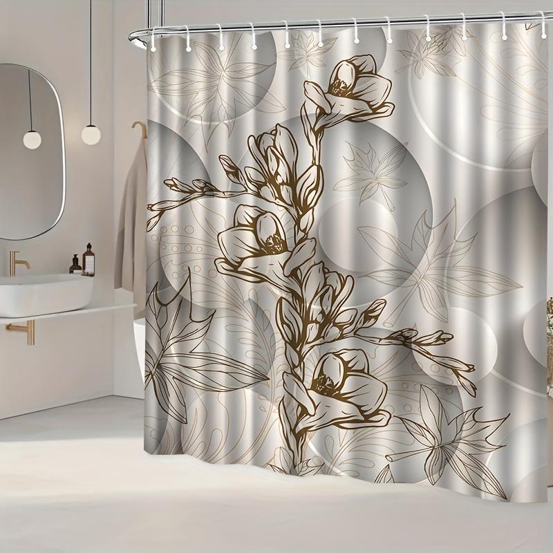 1Pc White And Grey Leaf Patterned Shower Curtain, Polyester Fabric, With Hooks, Suitable For Bathroom Dcor.